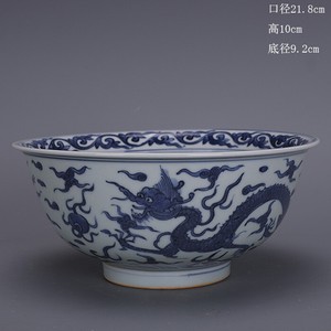 Chinese antique Ming Blue White Dragon pattern porcelain bowl plate