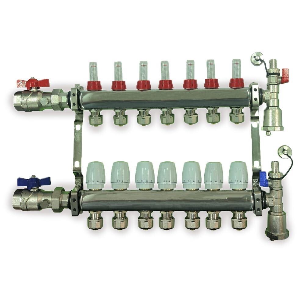 7 Loop Radiant PEX Plumbing Manifold - 1" 304 Stainless Steel Floor Heating