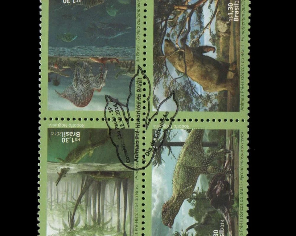 Estampillas en 3D de animales prehistóricos dinosaurios Brasil 2014 Foto 2 de 3