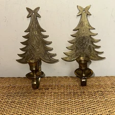 Vintage 8” Hanging Brass Christmas Tree Candle Holder Set Holiday Collectable