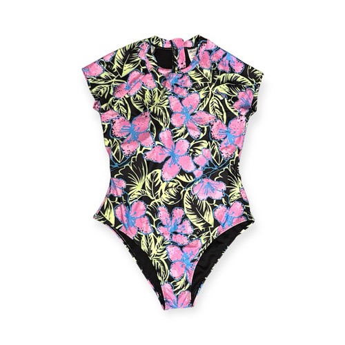 Endless Waves Neon Tropical Floral Print One Piece Backless Swimsuit Size 12-14