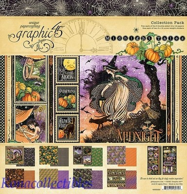 Graphic 45 Midnight Tales 12x12 paper Collection New! Pumpkins, Witches, Bonus+