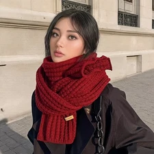 Red Chunky Acrylic Ribbed Knit Scarf Extra Long Warm Winter Unisex