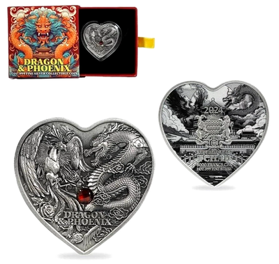 2024 1 oz .999 FINE SILVER DRAGON & PHOENIX ANTIQUED HIGH RELIEF