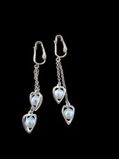 Vintage Emmons Dangle Drop Earrings Gold Tone Open Heart Faux Pearl Chain