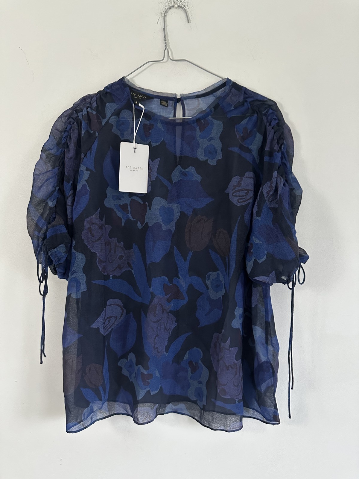 TED BAKER BLOUSE TOP  NEW Sheeer chiffon 3/4 ruched sleeve NAVY floral  BOHO