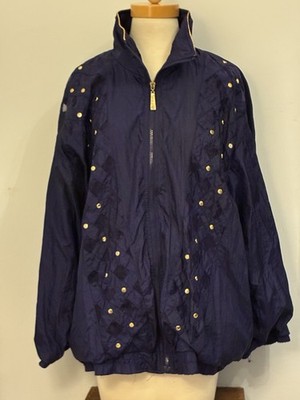 Vintage Adolfo Sport Windbreaker Jacket Women 1X Navy Gold Stud Embellished Zip