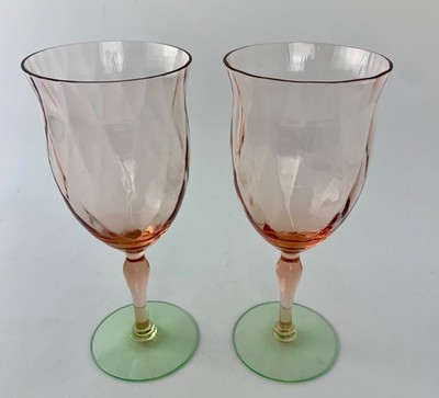 Tiffin Glass Watermelon Diamond Optic Wine / Water Glasses  set of 2