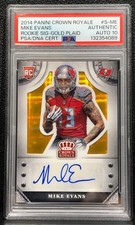 2014 PANINI CROWN ROYALE MIKE EVANS, #S-ME, ROOKIE, AUTO, GOLD PLAID, SER #14/15