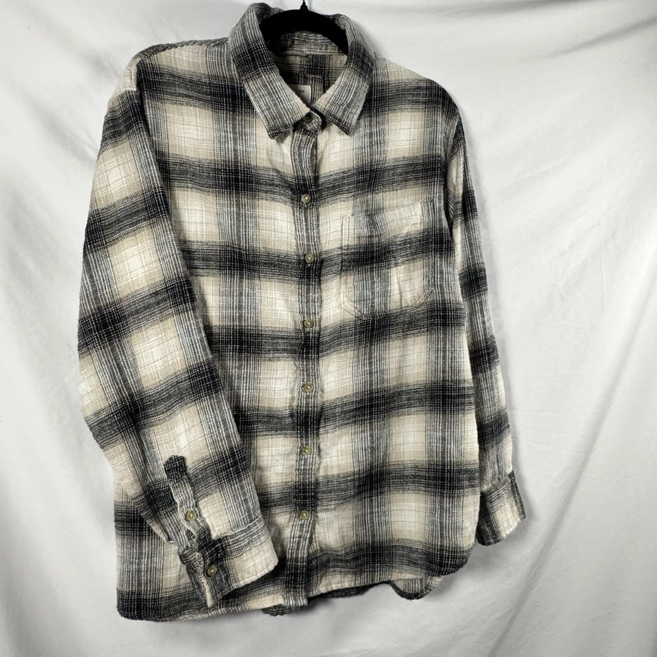 Xadrez feminino American Eagle flanela desgastada preto bronzeado tamanho grande aconchegante boho - Imagem 2 de 4