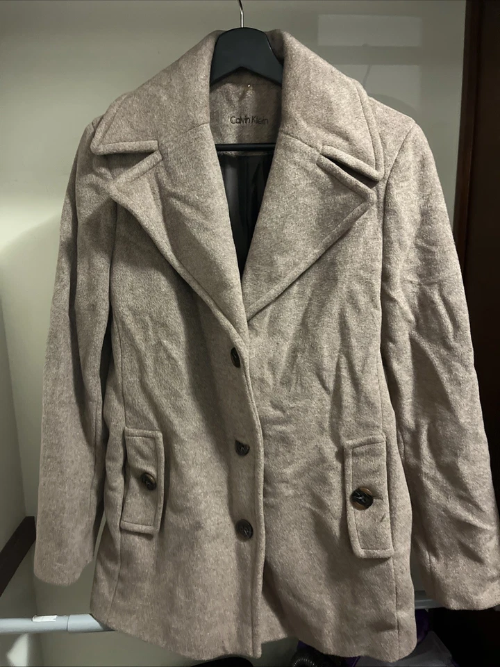 Abrigo de mujer Calvin Klein Pea con botones gris oscuro y negro de lana talla 8 Foto 2 de 4
