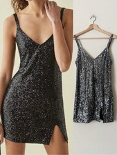 Reformation SMALL Jimmy black silver sequin cami mini dress with slit hem