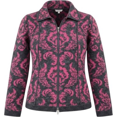 Mayser Zip Up Cardigan Women L Pink Charcoal Damask Wool Blend Vintage