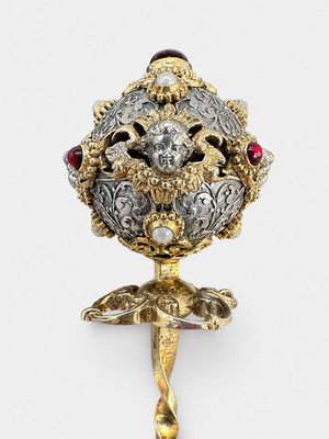 Antique Silver Gilt Garnet & Pearl Hat Pin Putti 19th Century