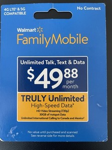 Walmart Family Mobile Unlimited Monthly Prepaid Plan + 30GB of High Speed Data