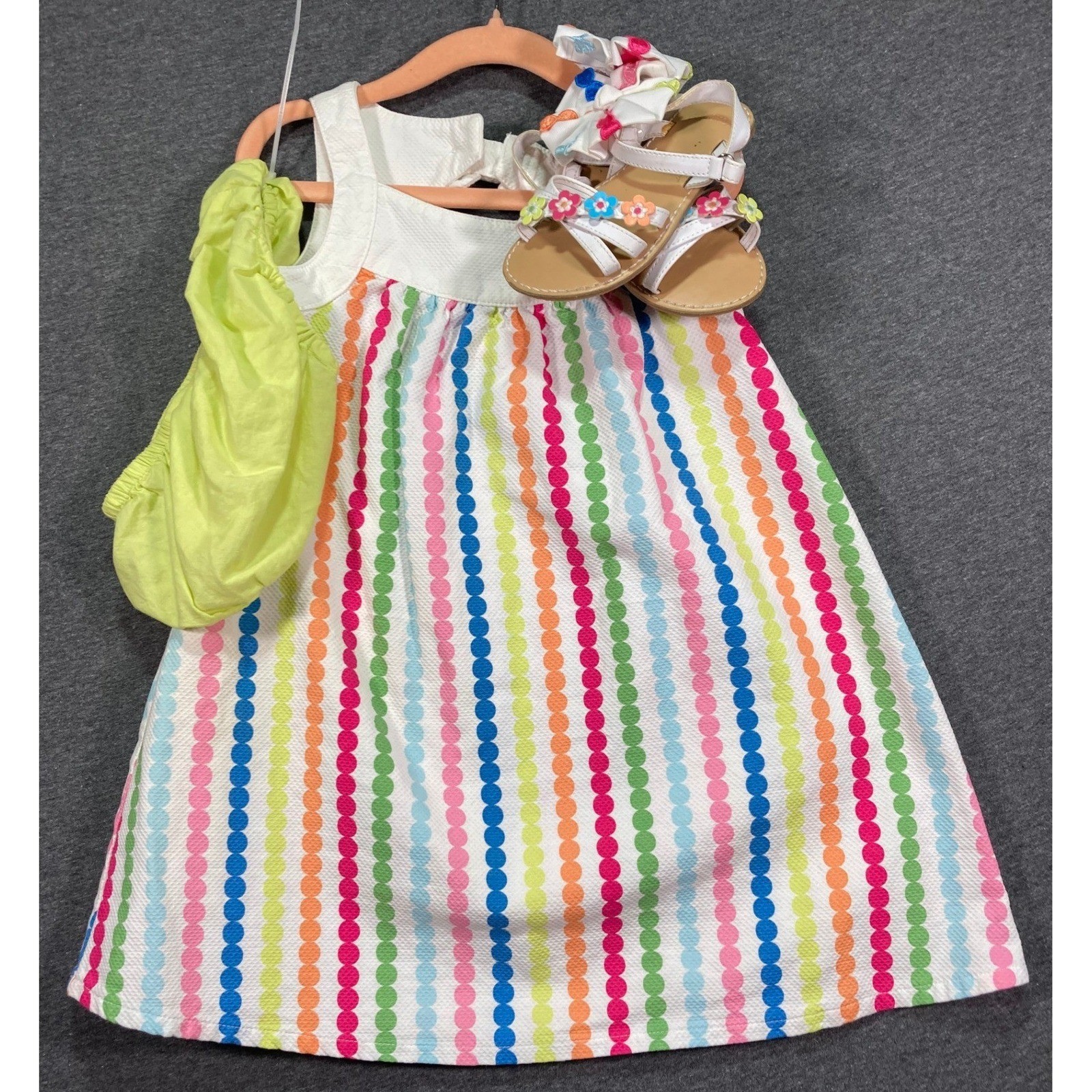 Gymboree Girls 3T Rainbow Polka Dot Stripe Dress Set Bloomers Sandals Hair Clips