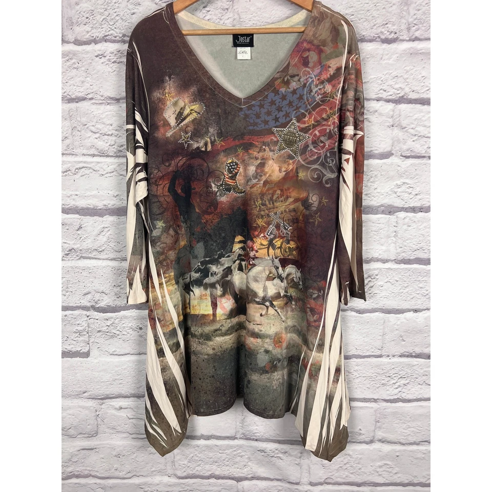Jostar USA Women's L Western Cowboy Grunge Y2K Graphic Print Sharkbite Hem Tunic - Image 3 of 4