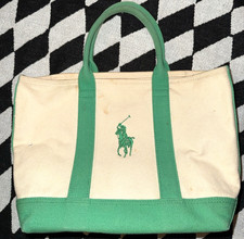 Vintage Polo Ralph Lauren Tote Bag Mini Canvas Carry Purse Green & Natural
