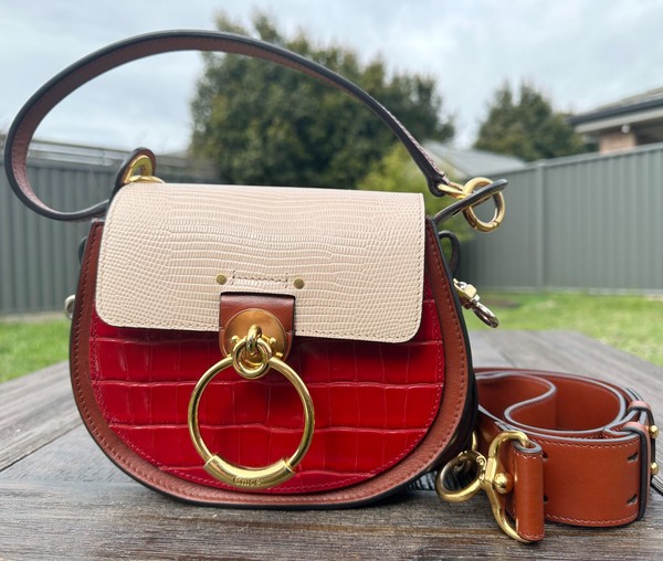 Authentic Chloé Small Tess Saddle Bag Croc Lizard Embossed Tricolor Leather Cros