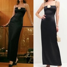 Reformation Frankie Rosette Silk Maxi Dress Formal Gown Black with White Rose 0