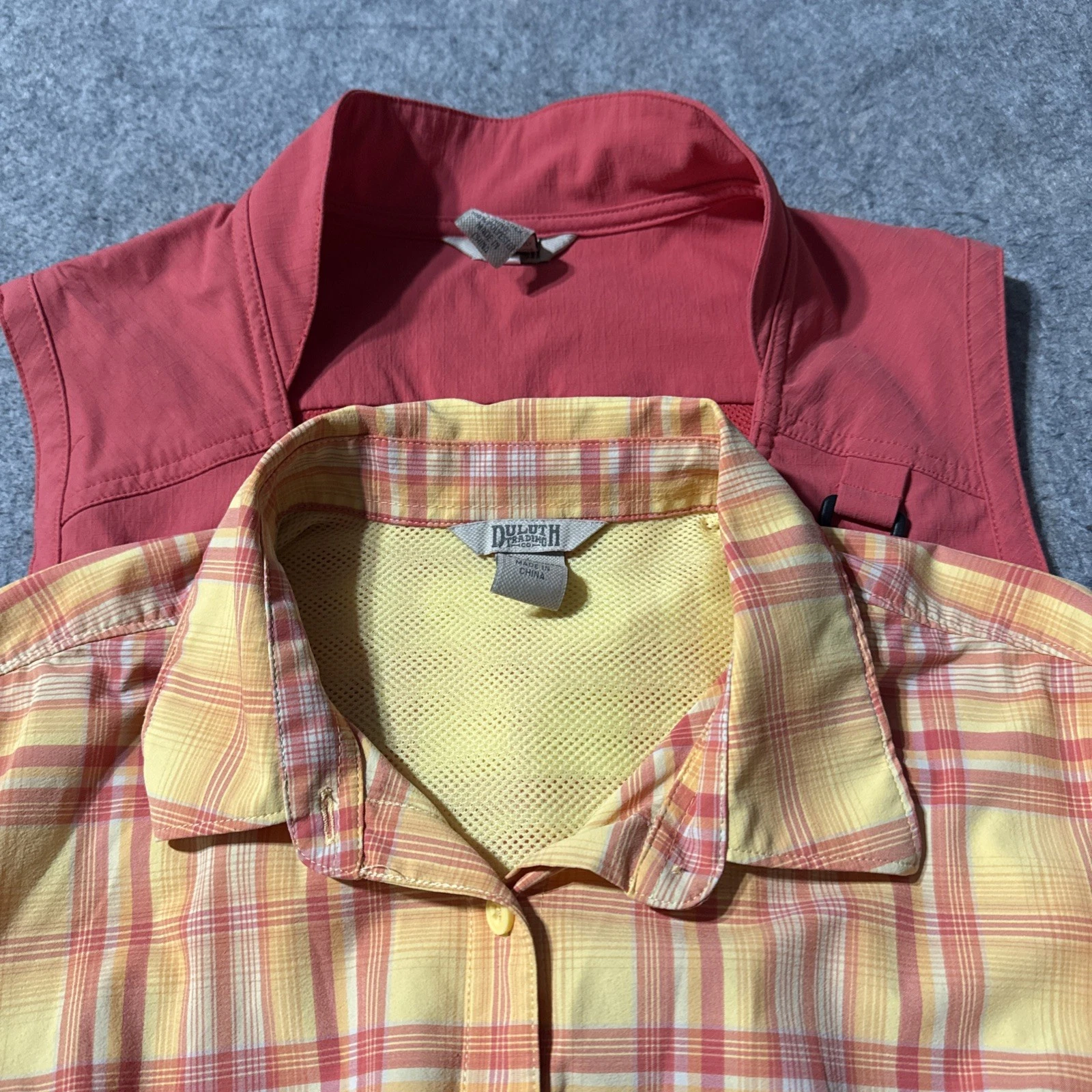 Duluth Trading Fishing Shirt + Vest Womens L Lot Of 2 Plaid Mesh Vented Full Zip