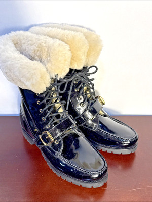Ralph Lauren Zabby Shearling Lined Cold Weather Boots 8.5B Black Patent Leather