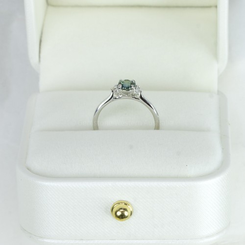 Unheated Teal Sapphire and Diamonds Ring in 14K White Gold - Picture 5 of 6
