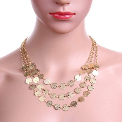 Statement Multi-Layer Gold Choker Necklace Round Charm - Sequins Gold Coin - Picture 5 of 10