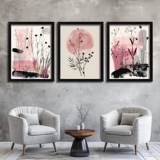 Abstract Botanical Wall Art Print Set Of 3 Minimalist Floral Art Pink and Grey