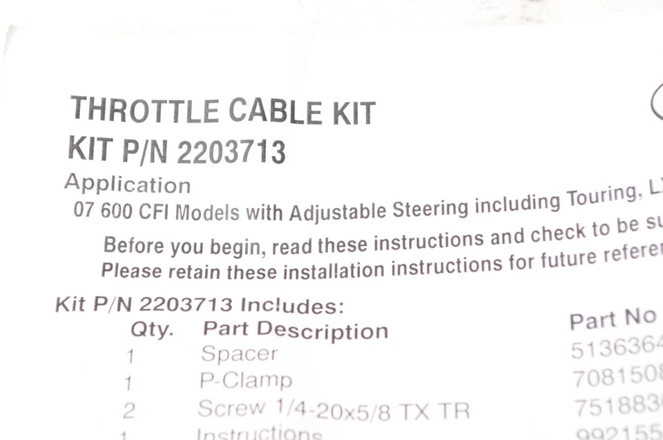 Genuine Polaris 2203713 Kit,Throttle cable update 2007 600 HO IQ Switchback + - Image 2 of 2