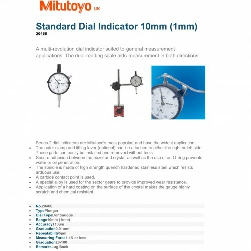 Mitutoyo 2046A (2046AB) Standard Plunger Dial Indicator 10mm Gauge With Lug Back