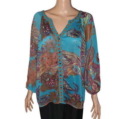 Figueroa & Flower Sz XL Sheer Teal Paisley Ornate Button Front Blouse