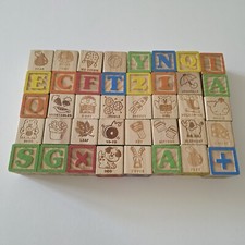 Lot of 40 Wood Toy Blocks Alphabet ABC Letter Numbers Animal Picture EUC
