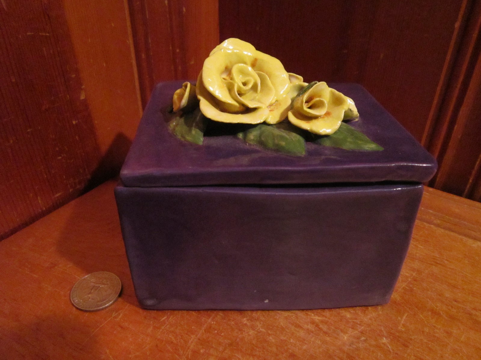 Handmade Pottery Purple Ceramic Jewelry Trinket Box Yellow Flower Felt