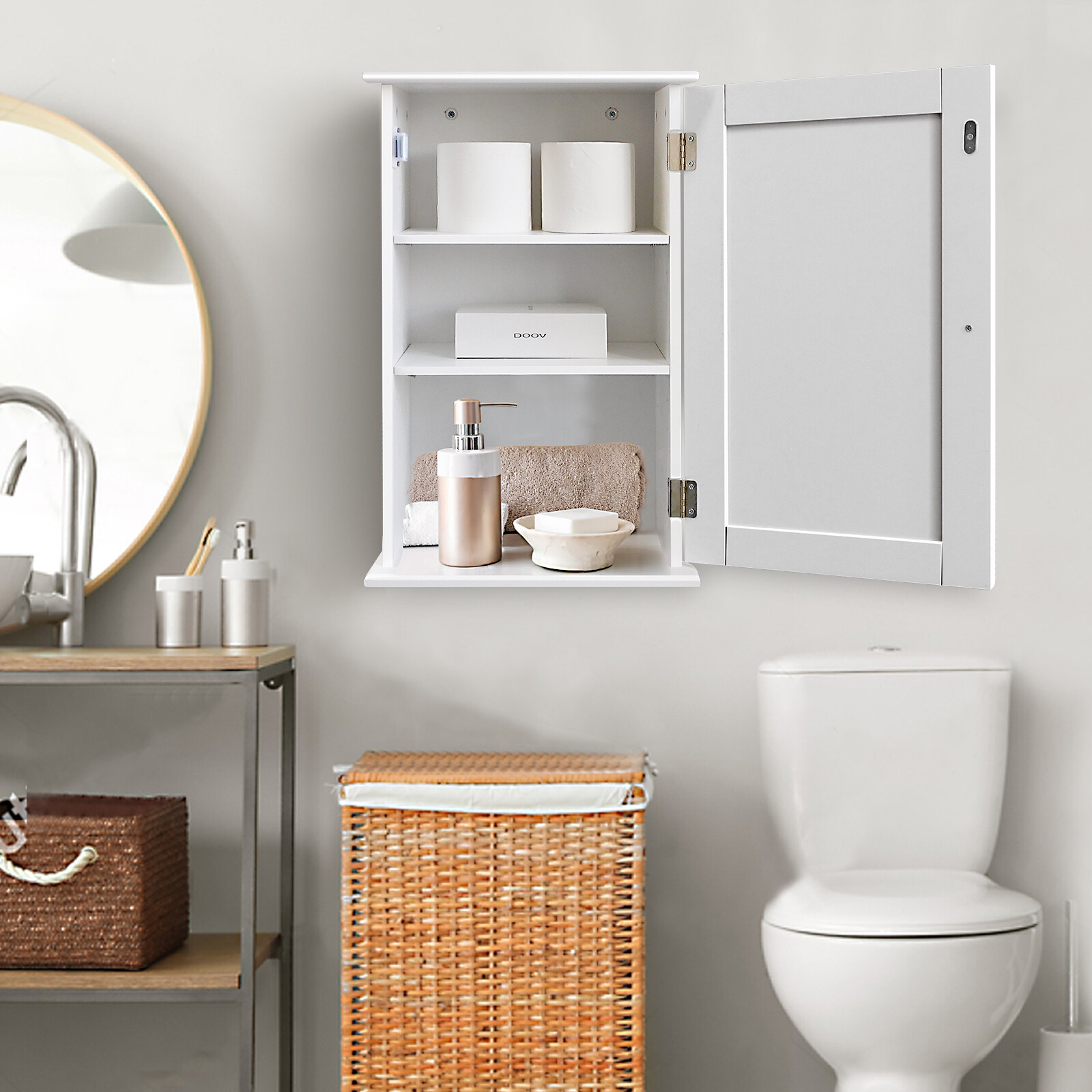 Bathroom Cabinet Single Wall Mounted Storage Cupboard 3-Tier Shelf, White - Image 3
