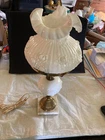 VTG White Milk Glass Fenton Cabbage Rose Desk Lamp Marble Base Ruffle Shade