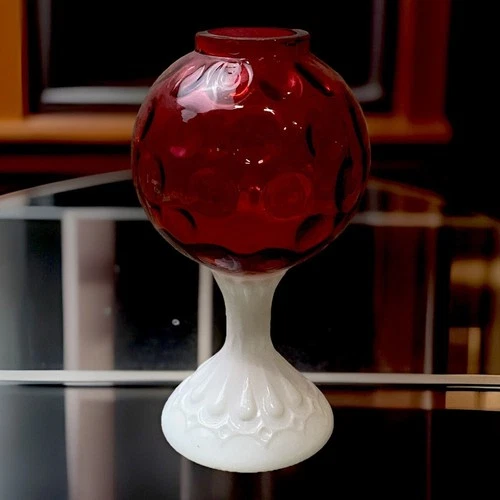Fenton Cranberry Coin Dot Ivy Vase White Milk Glass Teardrop Stem