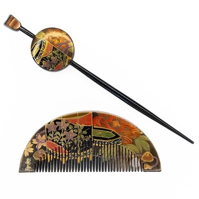 VTG Japanese Kanzashi Hair Ornament 2-Pcs Set Black Lacquered Tsuge Boxwood