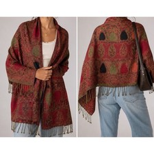 VTG Pashmina Scarf Shawl Wrap Red Paisley Fringe Boho Festival Oversized 28x77