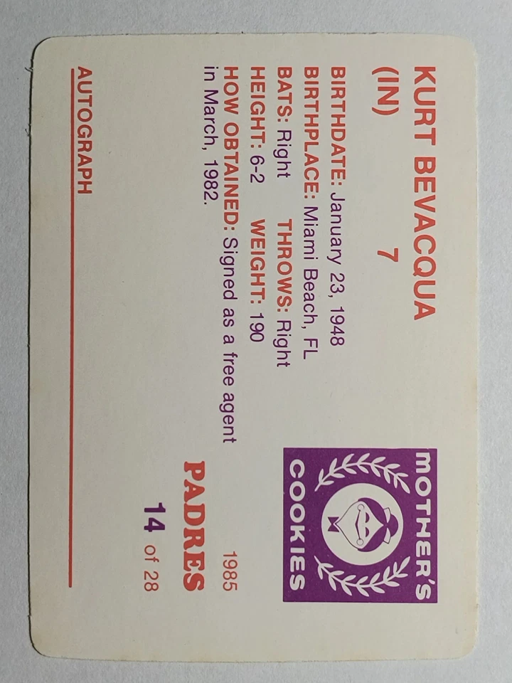 1985 Padres Mother's #14 Kurt Bevacqua - Image 2 of 2