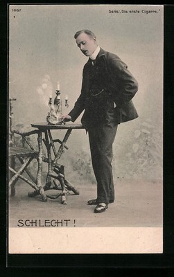Postcard Young Man In Suit Smokes A Cigar 