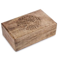 Wooden Handcarved Decorative Jewelry Storage Box with Center Tree Carvings Mu...