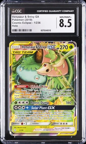 2019 POKEMON COSMIC ECLIPSE HOLO #1/236 VENUSAUR & SNIVY GX CGC 8.5