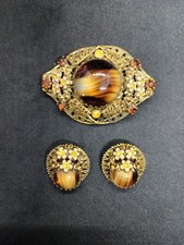 Juego de broches y pendientes cabujón de vidrio de escoria de pórfido marrón filigrana vintage años 50