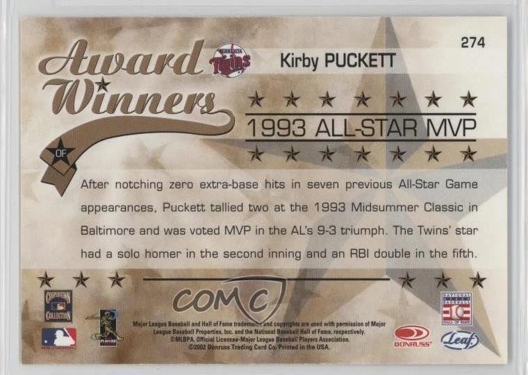 2002 Leaf Rookies & Stars Award Winners Kirby Puckett #274 HOF - Image 2 of 2