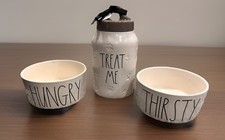 NEW RAE DUNN 3 pc Set 6" DOG WATER FOOD BOWLS &amp; DOG TREAT CANISTER  WHITE GRAY