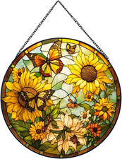 Sunflower Hanging Stained Glass for Windows,20cm/7.87inch Hand-Painted Sun Ca...
