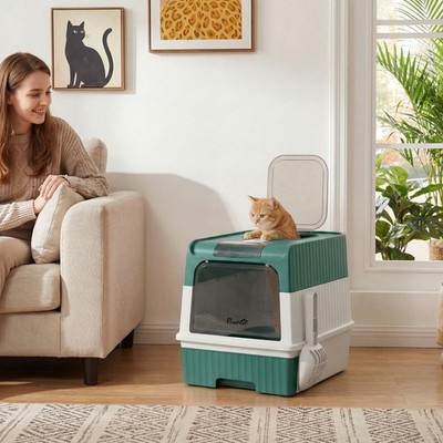 PawHut Cat Litter Box with Pull Out Drawer Tray, Teal