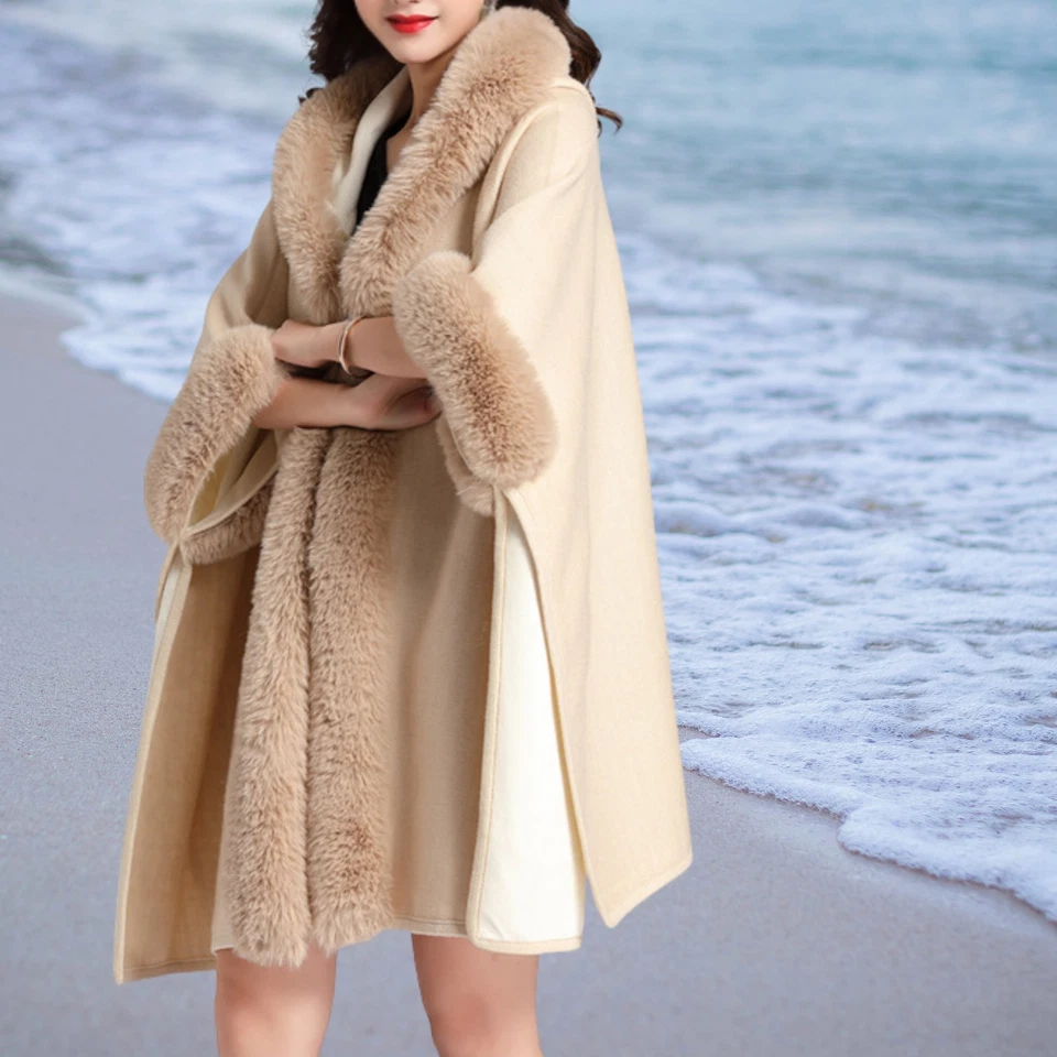 Women’s Hooded Faux Fur Cape Coat Winter Warm Shawl Poncho Jacket Beige - Image 2 of 4