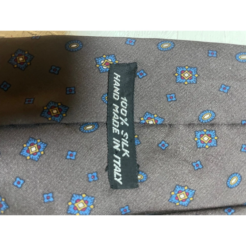 100% Silk Necktie Hand Made in Italy Brown Blue Floral Pattern Men's Tie - Image 3 of 3